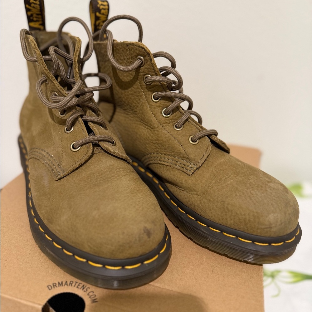 Dr. Martens Khaki Leather Boots with Yellow Stitching